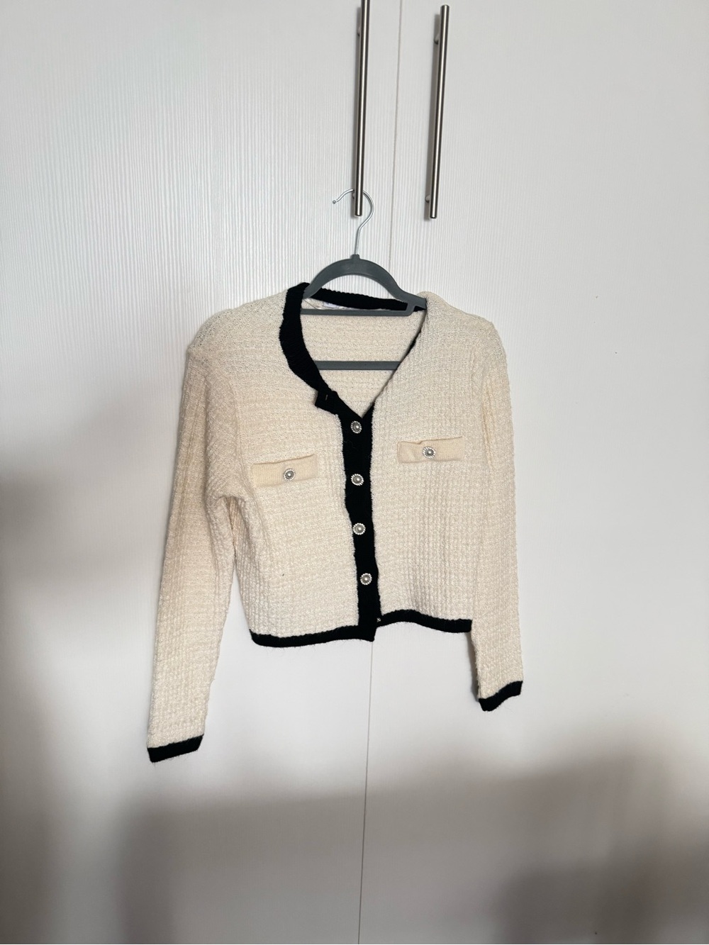 Mango Tweed Cream and Black Trim Women's Button Cardigan Jacket size medium